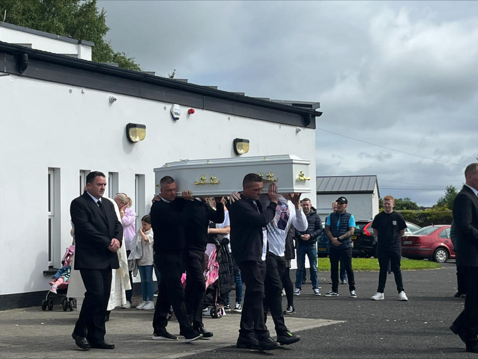 Funeral of Rebecca Browne at St Joseph's church, Galliagh Co. Londonderry. Ms Browne died aged 21 after being hit by a Garda car in Co. Donegal. (Claudia Savage/PA)