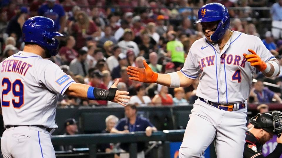 New York Mets Francisco Alvarez hits a two run home run against the Arizona Diamondbacks (4) in the seventh inning at Chase Field