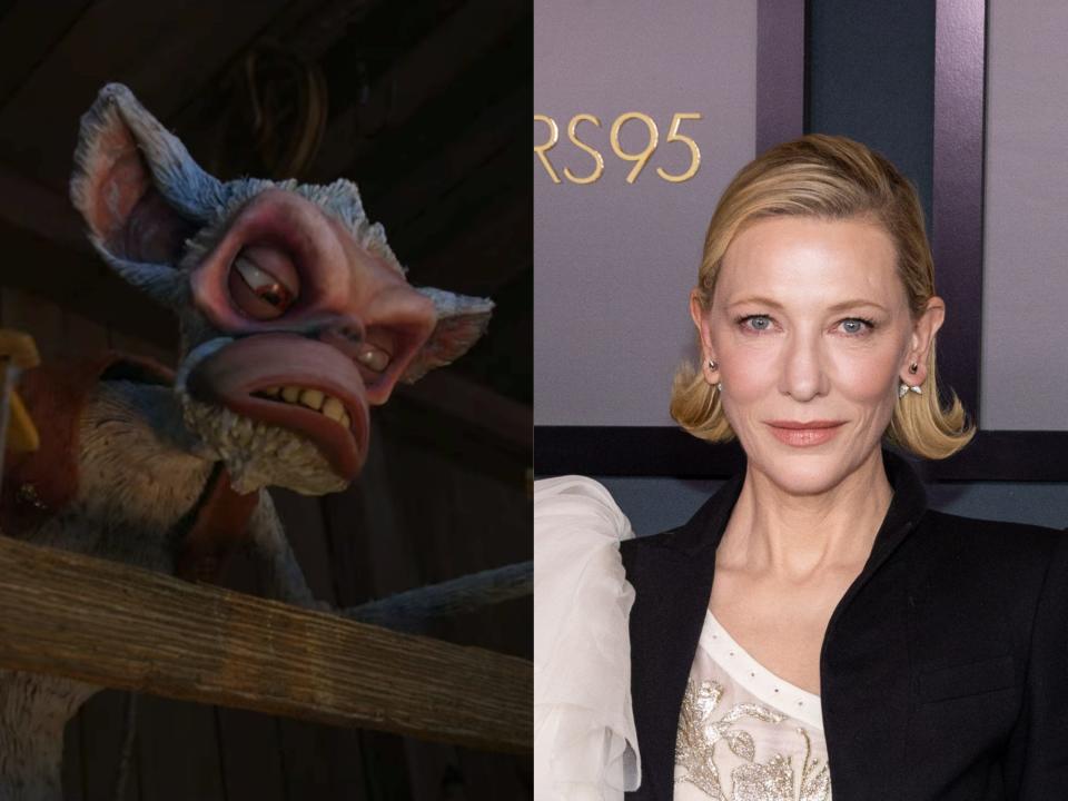 left: a stop motion animated moneky, spazzatura, in pinocchio, sneering while wearing a red vest and leaning over a railing; right: cate blanchett with her hair clicked back, wearing a white dress and partial black suit jacket with a frill on her right shoulder