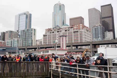 People gather to watch the carcass of a dead gray whale being removed from the Colman Ferry dock in Seattle, Washington, January 22, 2015. REUTERS/Matt Mills McKnight