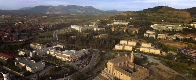 A series of university buildings from above.