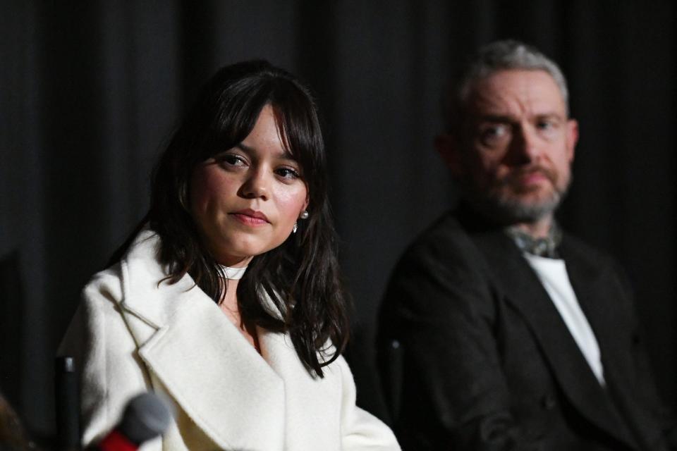 Jenna Ortega, left, and Martin Freeman during a screening of "Miller's Girl" at the Palm Springs International Film Festival on Jan. 11, 2024 in Palm Springs, California.