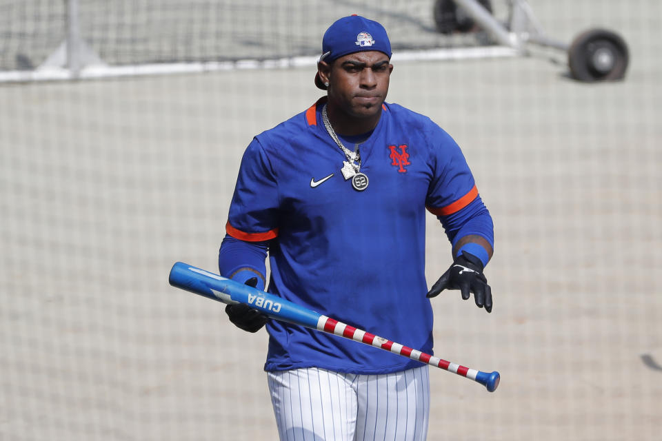 New York Mets left fielder Yoenis Cespedes participates in a baseball workout at Citi Field, Sunday, July 5, 2020, in New York. (AP Photo/Seth Wenig)