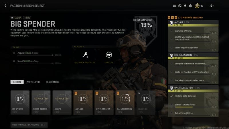 The mission menu shows a variety of options in Call of Duty.
