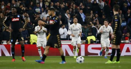 Football Soccer - Real Madrid v Napoli - UEFA Champions League Round of 16 First Leg - Estadio Santiago Bernabeu, Madrid, Spain - 15/2/17 Real Madrid's Casemiro celebrates scoring their third goal Reuters / Susana Vera Livepic