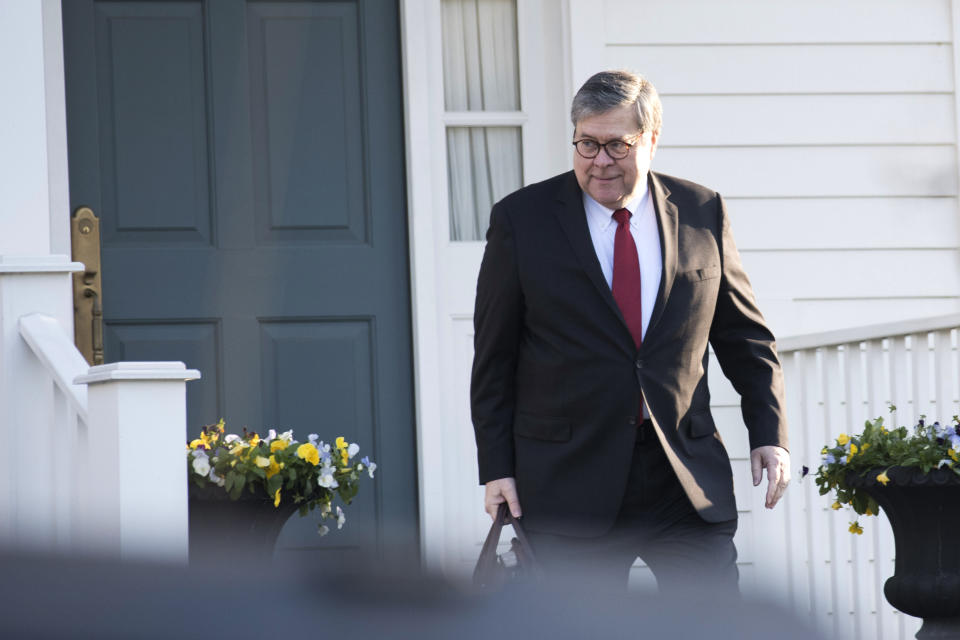 Attorney General William Barr leaves his McLean, Va., home on Monday, March 25, 2019. (AP Photo/Kevin Wolf)