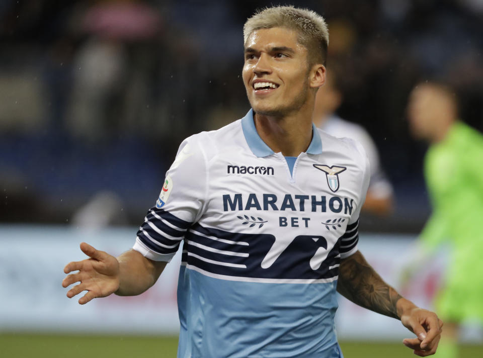 Lazio's Joaquin Correa celebrates after scoring his team's first goal during an Italian Serie A soccer match between Lazio and Bologna, at the Olympic stadium in Rome, Monday, May 20, 2019. (AP Photo/Andrew Medichini)