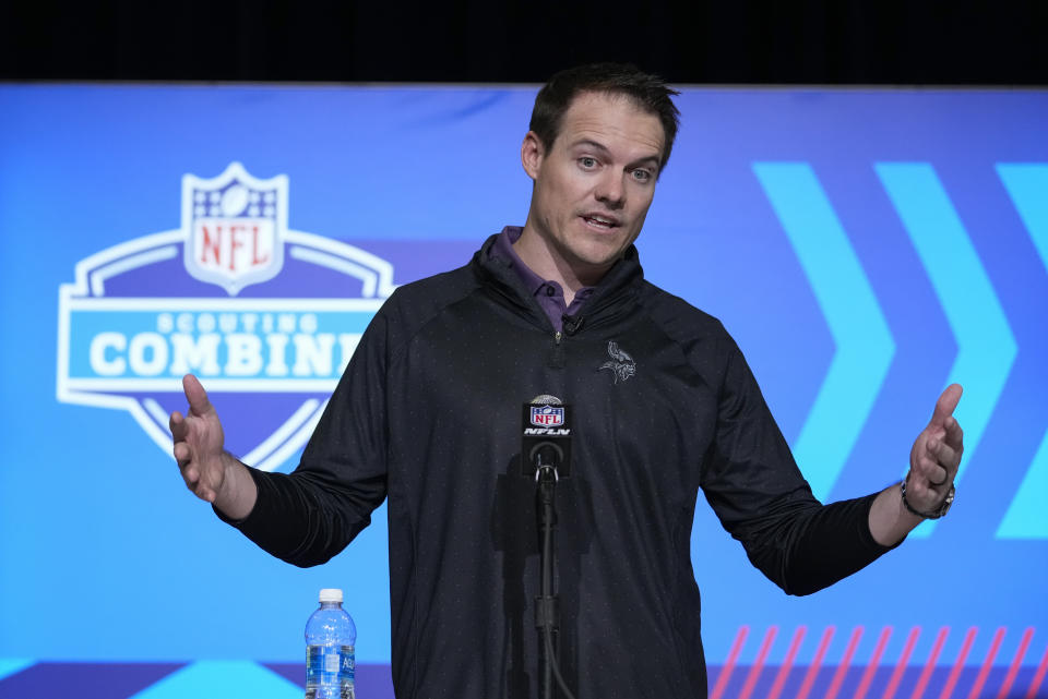 Minnesota Vikings head coach Kevin O'Connell speaks during a press conference at the NFL football scouting combine in Indianapolis, Wednesday, March 1, 2023. (AP Photo/Michael Conroy)