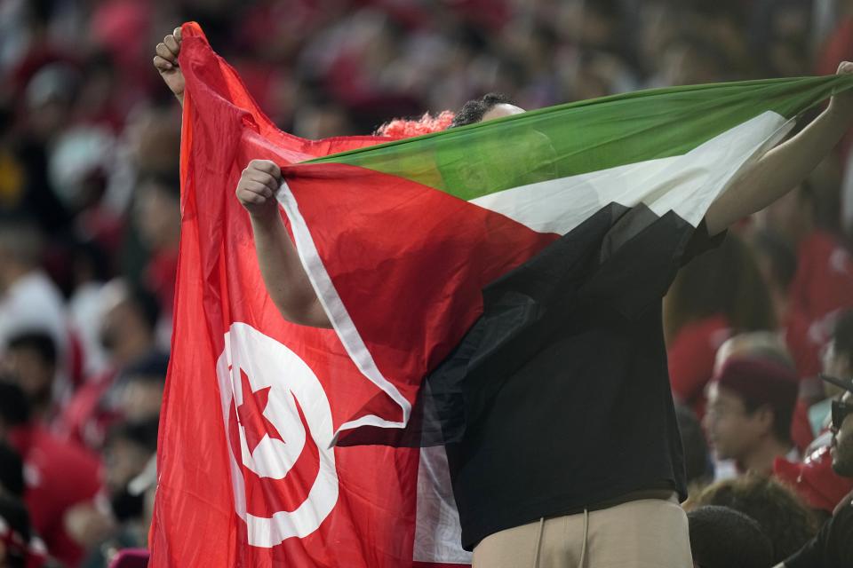 Fans hold the flag of Palestine and Tunisia during the World Cup group D soccer match between Denmark and Tunisia, at the Education City Stadium in Al Rayyan, Qatar, Tuesday, Nov. 22, 2022. (AP Photo/Ariel Schalit)