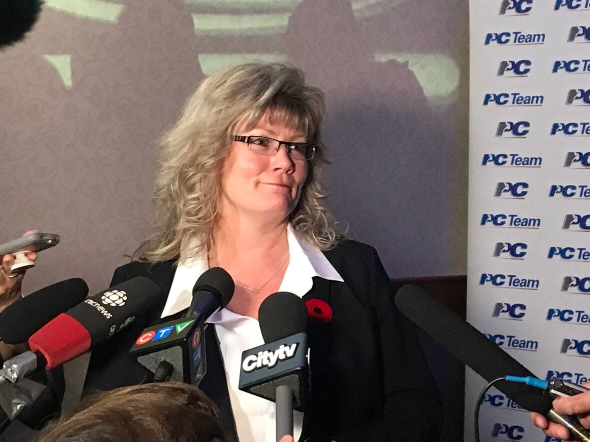 Shelly Glover speaks with reporters at the Victoria Inn in Winnipeg on Oct. 30, shortly after the results of Manitoba's Progressive Conservative Party leadership race were announced. Glover lost to Heather Stefanson. (Marouane Refak/Radio-Canada - image credit)