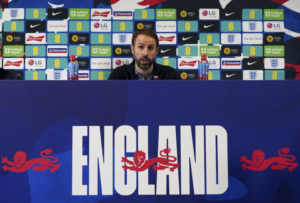 England manager Gareth Southgate announces England's World Cup 2022 squad at St George's Park, Burton upon Trent, Thursday November 10, 2022. With 11 days to go until the Three Lions kick-off their Group B campaign against Iran, the former defender has confirmed the 26-man group that will be travelling to the Gulf next week. (Nick Potts/PA via AP)