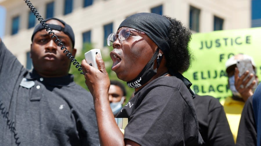 In this June 27, 2020 file photo, Sheneen McClain speaks during a rally and march over the death of her son, Elijah, outside the police department in Aurora, Colorado.(Photo: David Zalubowski/AP, File)