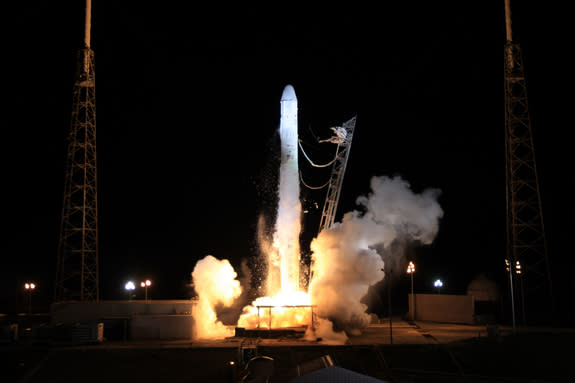 SpaceX's robotic Dragon capsule lifts off the pad atop the company's Falcon 9 rocket on Oct. 7, 2012, kicking off the first-ever bona fide supply run for a private American spaceship.