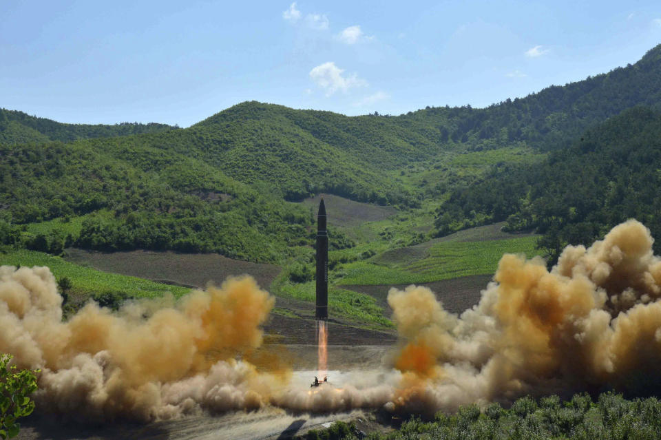 FILE - This photo distributed by the North Korean government shows what was said to be the launch of a Hwasong-14 intercontinental ballistic missile, ICBM, in North Korea's northwest, on July 4, 2017. Independent journalists were not given access to cover the event depicted in this image distributed by the North Korean government. The content of this image is as provided and cannot be independently verified. (Korean Central News Agency/Korea News Service via AP, File)