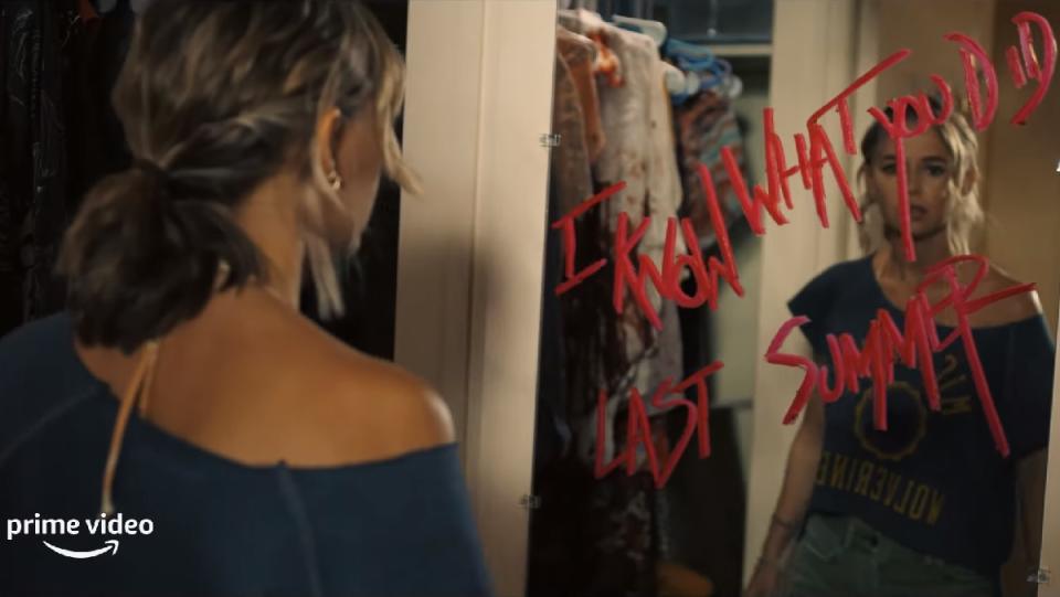 Madison Iseman sees a terrifying I Know What You Did Last Summer message scrawled on her mirror in lipstick in the Amazon Prime show of the same name.