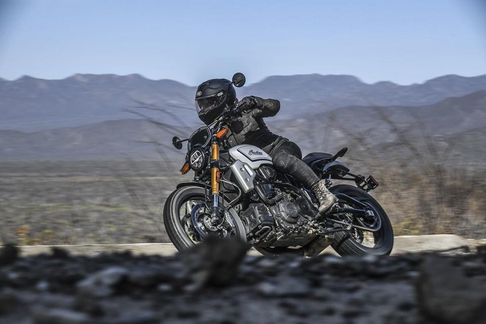 <p>The lean angle of the FTR 1200 is a respectable 43 degrees. Despite the slightly knobby profile of the Dunlop DT3-R radial, the tires grip well on pavement.</p>