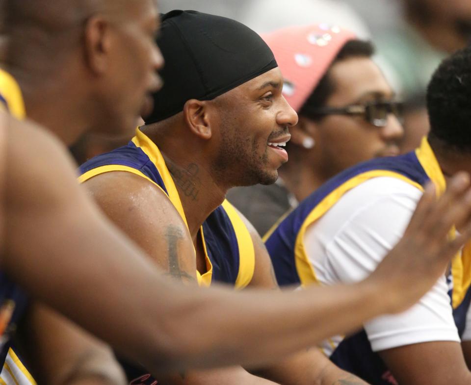 Jimmie Allen watches from the Blue bench during the Duffy's Hope 19th Annual Celebrity Basketball Game at the Chase Fieldhouse in Wilmington, Saturday, August 5, 2023.