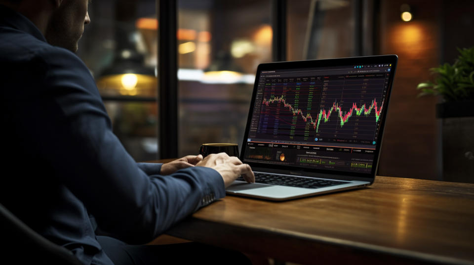 An individual using a laptop to access the fintech platform to manage their finances.