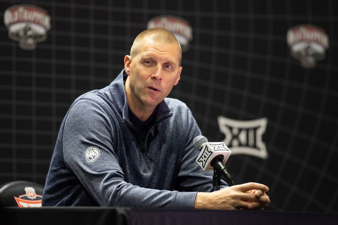 BYU’s Mark Pope, now the head coach at Kentucky, answers questions at the Big 12 Men’s Basketball Tipoff at T-Mobile Center in Kansas City on October 18, 2023.