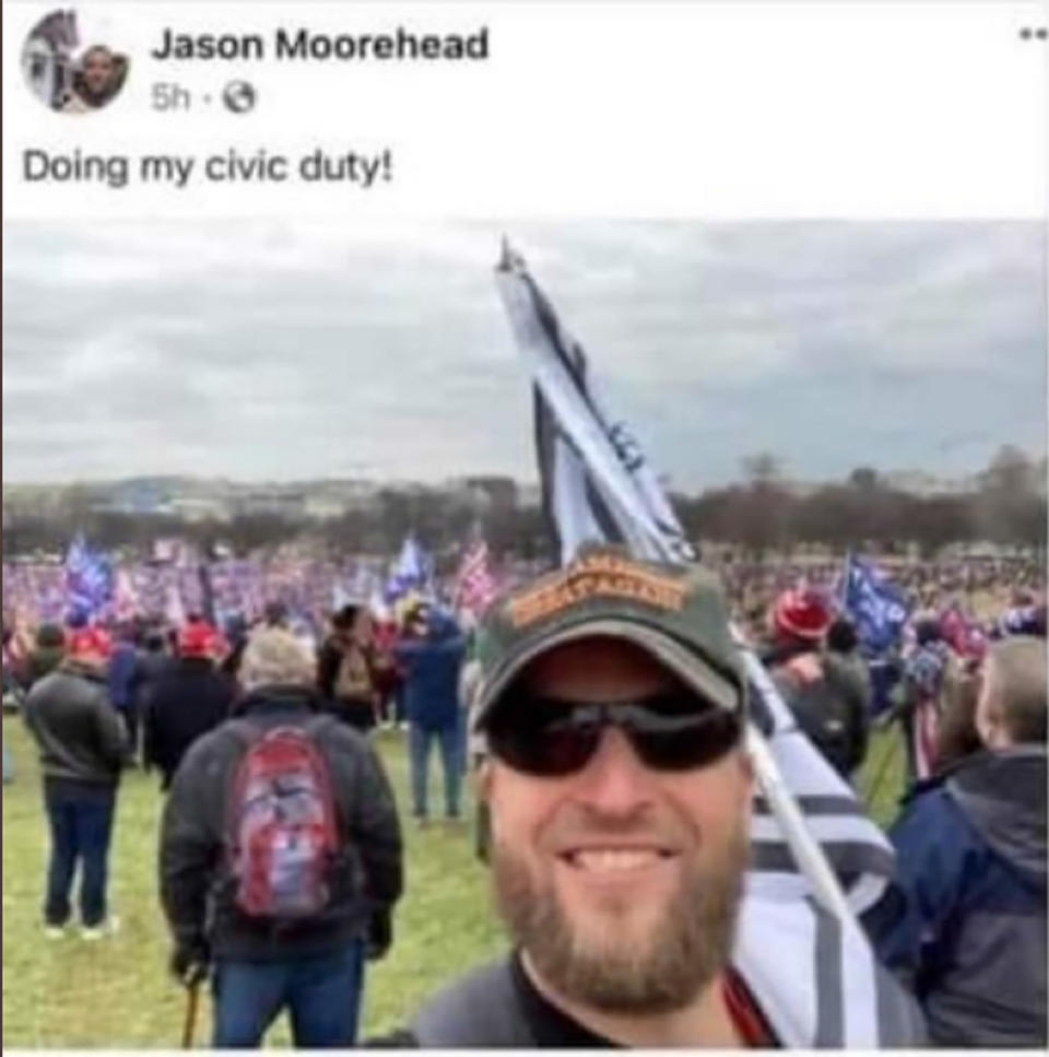 Jason Moorehead's selfie photo is seen in this Facebook post from the Jan. 6, 2021 protest in Washington. Moorehead, who has been suspended from his teaching post at the Allentown School District in Pennsylvania, says the district falsely asserted that he was at the U.S. Capitol during the riot. (Jason Moorehead via AP)