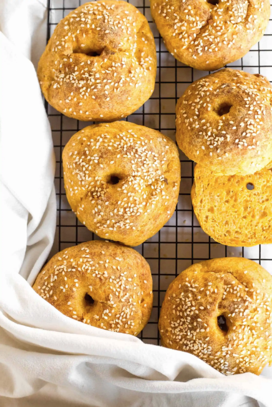 <p>Dish by Dish</p><p>These gluten-free pumpkin bagels are moist, tender and fluffy. Enjoy them for breakfast, brunch or a snack. Totally dairy-free too. </p><p><strong>Get the recipe: <em><a href="https://www.dishbydish.net/gluten-free-pumpkin-bagels/" rel="nofollow noopener" target="_blank" data-ylk="slk:Gluten-Free Pumpkin Bagels;elm:context_link;itc:0;sec:content-canvas" class="link rapid-noclick-resp">Gluten-Free Pumpkin Bagels</a></em></strong></p>