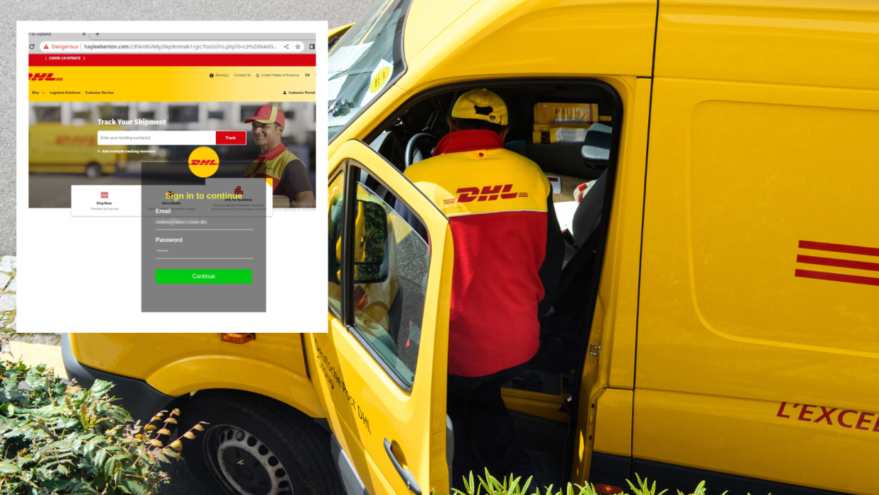 A copy of the DHL scam site and a DHL delivery driver removing packages form a van.