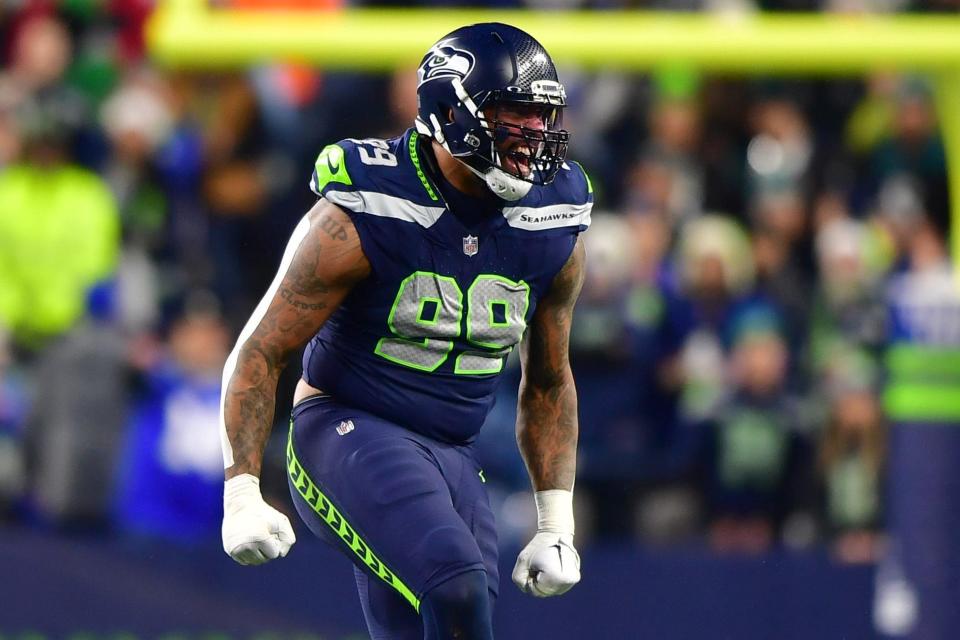 Leonard Williams of the Seattle Seahawks celebrates after a tackle during the 2023 season. Seattle will host Denver to start the 2024 season, after the NFL released all schedules on Wednesday.
