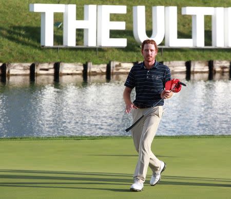 Sep 8, 2016; Carmel, IN, USA; Roberto Castro walks off the 18th green after making a bogey and missing a chance to break the course record during the first round of the BMW Championship at Crooked Stick GC. Mandatory Credit: Brian Spurlock-USA TODAY Sports