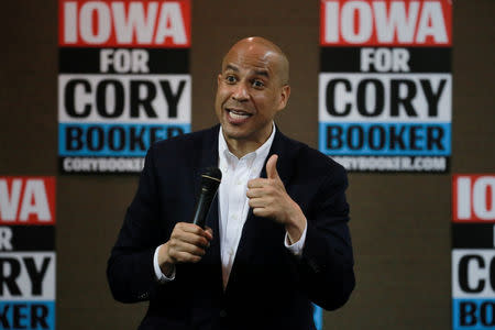 FILE PHOTO: 2020 Democratic presidential candidate Cory Booker speaks during a town hall meeting in Carroll, Iowa, U.S., April 16, 2019. REUTERS/Elijah Nouvelage/Files