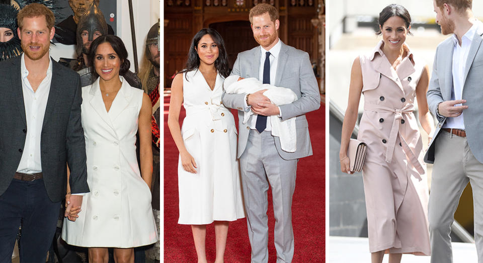 Meghan wearing a tuxedo dress in October 2018, May 2019 and July 2018. (Getty Images)