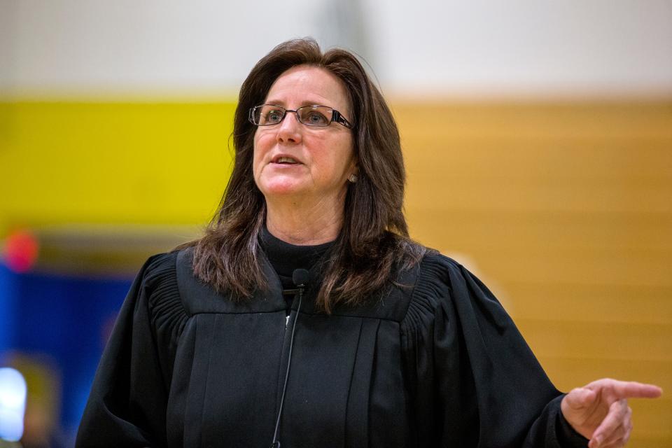 347th District Court Judge Missy Medary holds court in a gymnasium at Moody High School in February 2020. It was an opportunity for students to get a closer look at the court process, as well as legal and law enforcement careers.