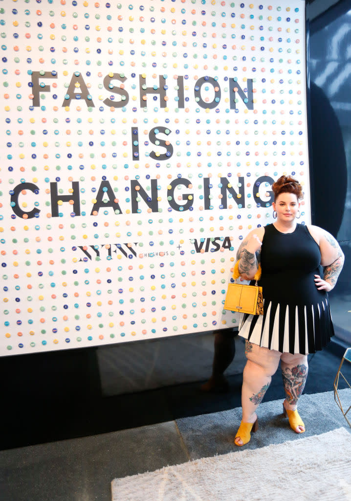 <p>Tess Holliday wears a Milly dress from <a rel="nofollow noopener" href="https://11honore.com/products/milly-black-white-pleated-contrast-mermaid-dress" target="_blank" data-ylk="slk:11 Honoré;elm:context_link;itc:0;sec:content-canvas" class="link ">11 Honoré</a> during New York Fashion Week at Spring Studios on September 7, 2018 in New York City. (Photo: Getty) </p>