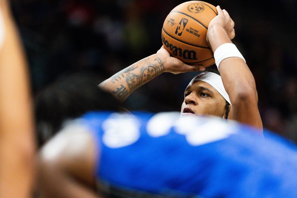 Orlando Magic forward Paolo Banchero (5) shoots a free throw during an NBA basketball game between the Utah Jazz and Orlando Magic at the Delta Center in Salt Lake City on Thursday, Nov. 2, 2023. | Megan Nielsen, Deseret News