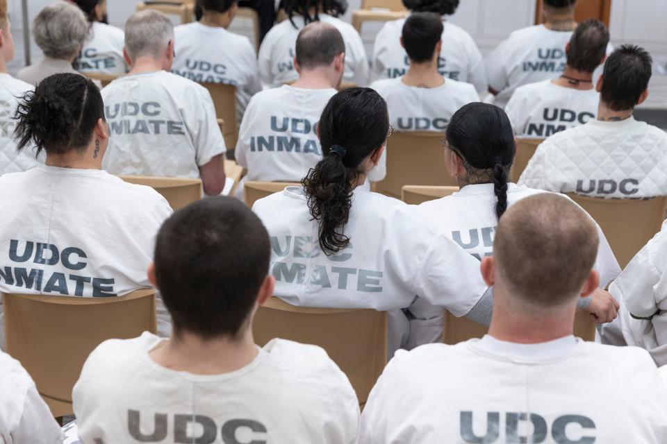 Inmates of the Utah State Correctional Facility gather to attend the sacrament service at The Church of Jesus Christ of Latter-day Saints’ prison ministry in Salt Lake City on Sunday, Jan. 28, 2024. | Marielle Scott, Deseret News