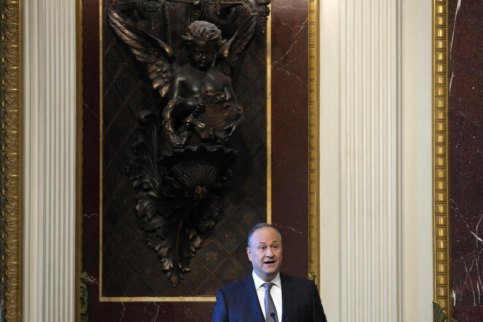 Second gentleman Doug Emhoff speaks during an event on the White House complex in Washington, Tuesday, April 23, 2024, with notable suicide prevention advocates. The White House held the event on the day they released the 2024 National Strategy for Suicide Prevention to highlight efforts to tackle the mental health crisis and beat the overdose crisis. (AP Photo/Susan Walsh)