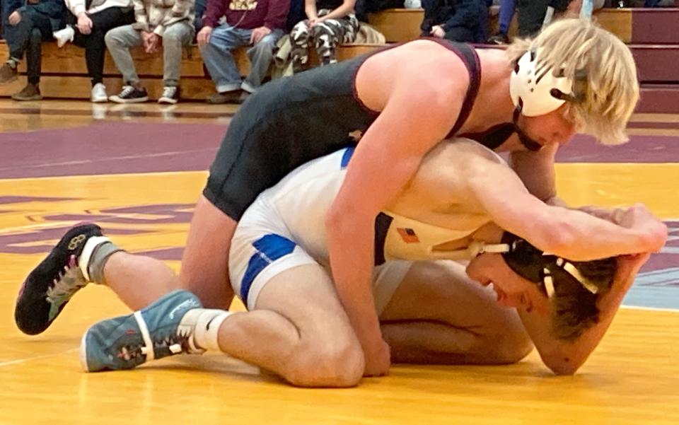 North East's Cyrus Hurd controls Fort LeBoeuf's Jake Bennett from the top position during their 133-pound match of Wednesday's Region 4 wrestling dual between the Grapepickers and the Bison. Hurd, with a pin in the third period, improved to 13-0 this season. LeBoeuf, despite Bennett's loss, still won 43-21.