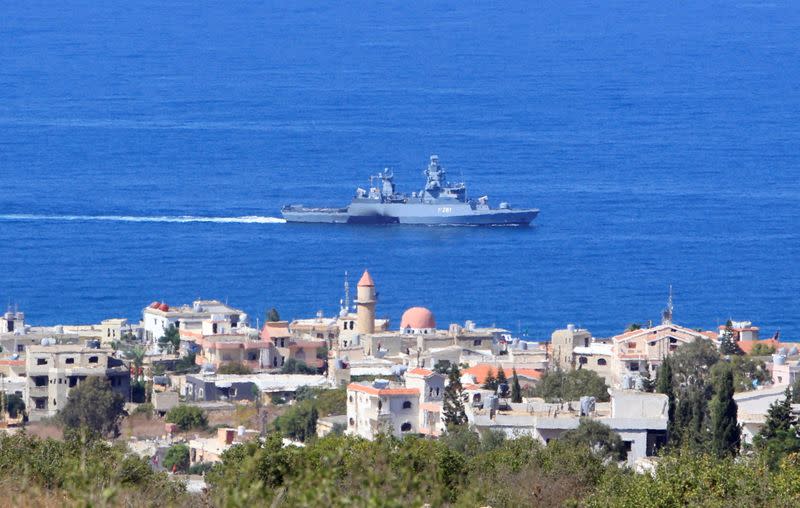 A UN naval ship is pictured off the Lebanese coast in the town of Naqoura
