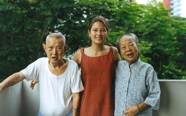 Elaine with her Akong and Amah in Singapore - Elaine Pearson