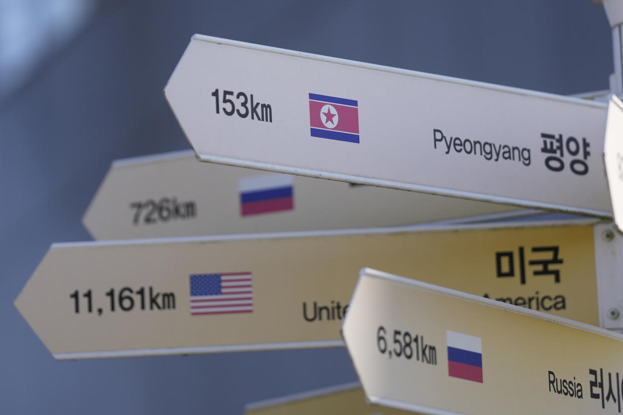 Destination signs to North Korea's capital Pyongyang and the United States are seen at the Imjingak Pavilion in Paju, South Korea, Sunday, Feb. 19, 2023. North Korea said Sunday its latest intercontinental ballistic missile test was meant to further bolster its “fatal” nuclear attack capacity against its rivals, as it threatened additional powerful steps in response to the planned military training between the United States and South Korea. (AP Photo/Lee Jin-man)