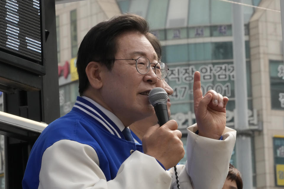 South Korea's main opposition Democratic Party leader Lee Jae-myung speaks during a campaign rally for the upcoming parliamentary election on April 10, in Seoul, South Korea, Monday, April 8, 2024. As South Koreans head to the polls to elect a new 300-member parliament on this week, many are choosing their livelihoods and other domestic concerns as the most important election issues. It's in a stark contrast from past elections that were overshadowed by security and foreign policy issues like North Korean nuclear threats and U.S. security commitment for South Korea.(AP Photo/Ahn Young-joon)