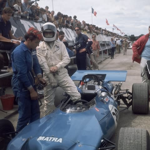 Silverstone Qualifying...Scottish racing driver Jackie Stewart in the pits at Silverstone with the no. 30 Matra Ford MS84 during a the first qualifying session for the British Grand Prix, 17th July 1969. (Photo by Central Press/Hulton Archive/Getty Images) - Credit: Central Press/Hulton Archive/Getty Images