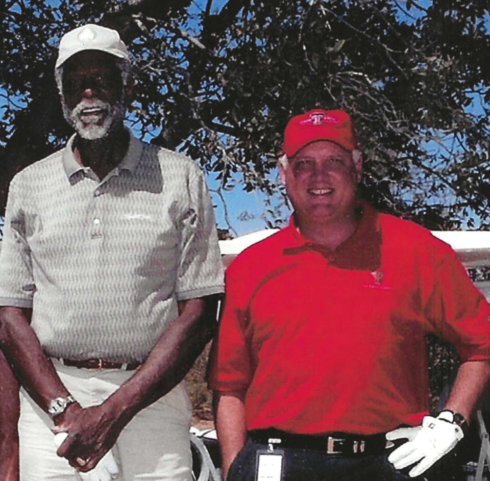 Bill Russell and Chuck Lanehart at the Rawls Course opening golf tournament, Sept. 12, 2003, in Lubbock.