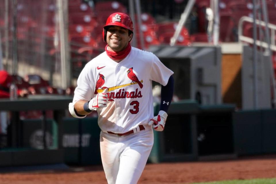 St. Louis Cardinals outfielder Dylan Carlson smiles as he rounds the bases after hitting a two-run home run during a game against the Cincinnati Reds in 2020. As of the morning of April 10, Carlson is the best option defensively for the St. Louis Cardinals in centerfield. They’re aware of it — arguably even taunted by it — and still have made the decision through their first nine games to use Tyler O’Neill as their starter in center.