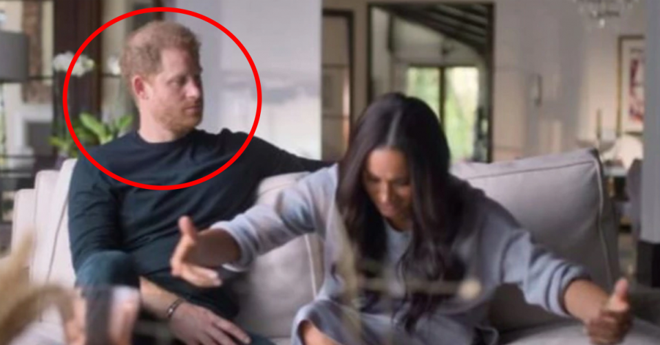 Prince Harry looks awkward as Meghan does a curtsy in their new documentary. Source: Netflix