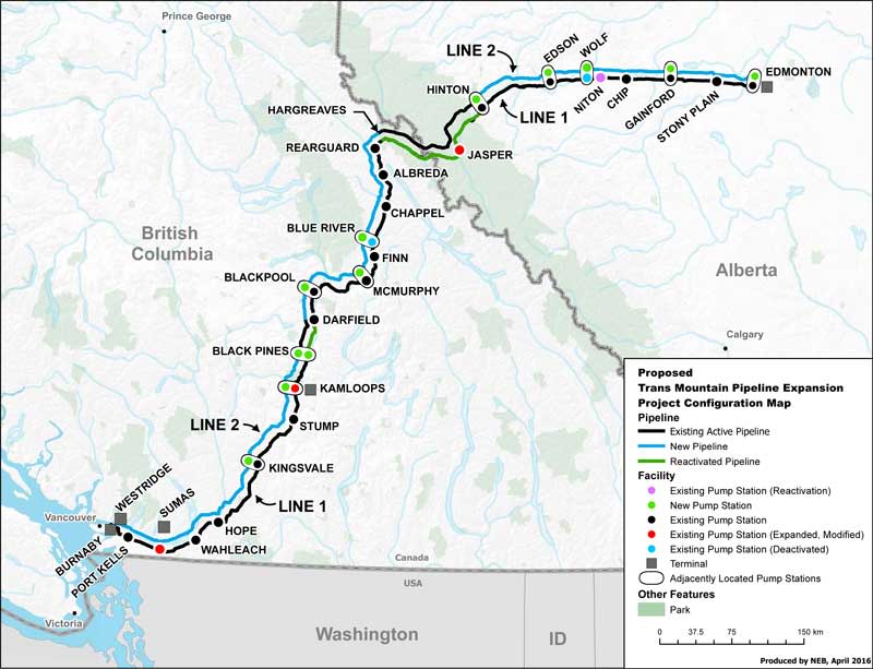 A map shows the proposed Trans Mountain pipeline expansion route that runs from Edmonton to Burnaby, B.C. Photo from the National Energy Board.