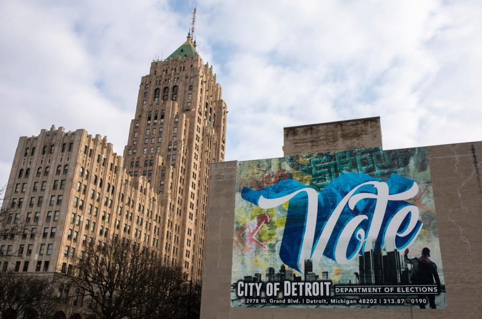 A mural with the word "Vote" is on display next to the City of Detroit Department of Elections building during the presidential primary in Detroit on Tuesday, Feb. 27, 2024.