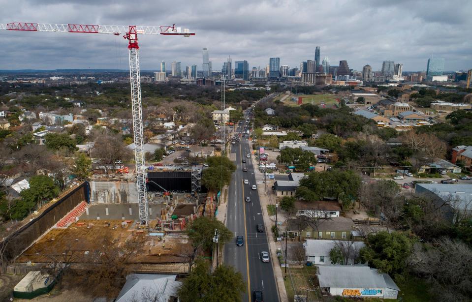 Austin-based developer StoryBuilt, which has been a major force behind the recent wave of redevelopment on South First Street, is going through a financial reorganization, according to a letter sent to shareholders. This 2019 drone photo shows StoryBuilt construction of a mixed-use project at 1600 South First St.