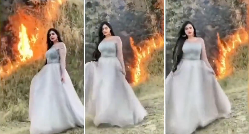 Pictured is Humaira Asghar, an influencer who shared the fire video to social media, while Pakistan suffers through a heatwave. 