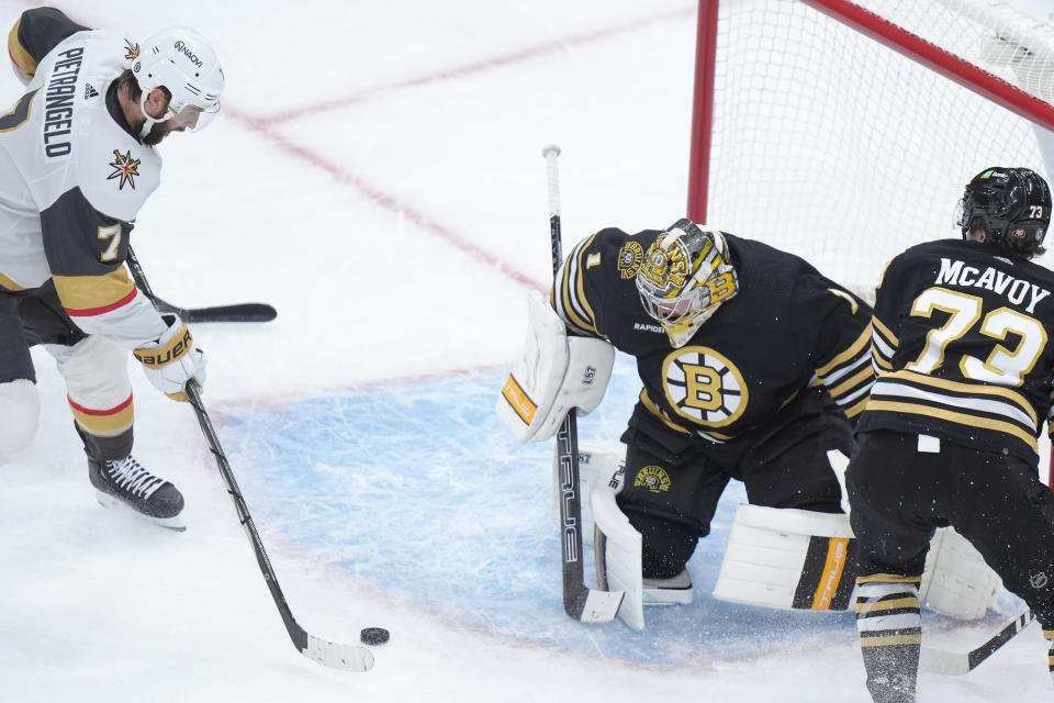 Vegas Golden Knights defenseman Alex Pietrangelo (7) shoots, scoring a goal on Boston Bruins goaltender Jeremy Swayman (1) during the second period of an NHL hockey game Thursday, Feb. 29, 2024, in Boston. (AP Photo/Steven Senne)