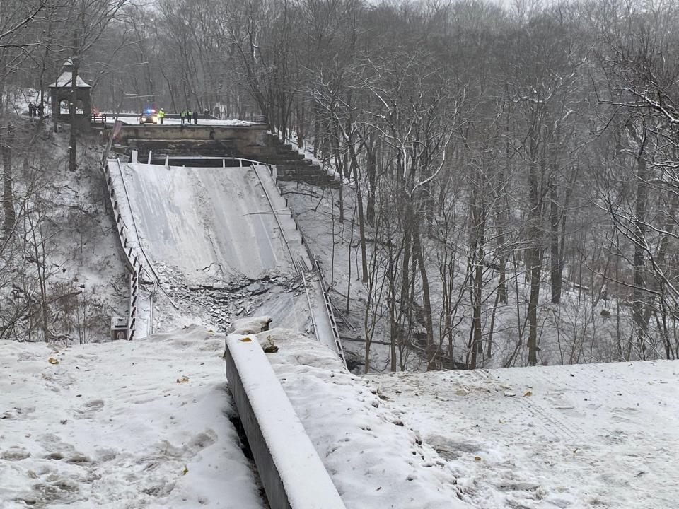 Pittsburgh Public Safety posted this Jan. 28, 2022 photo of the collapsed bridge on Forbes Avenue.